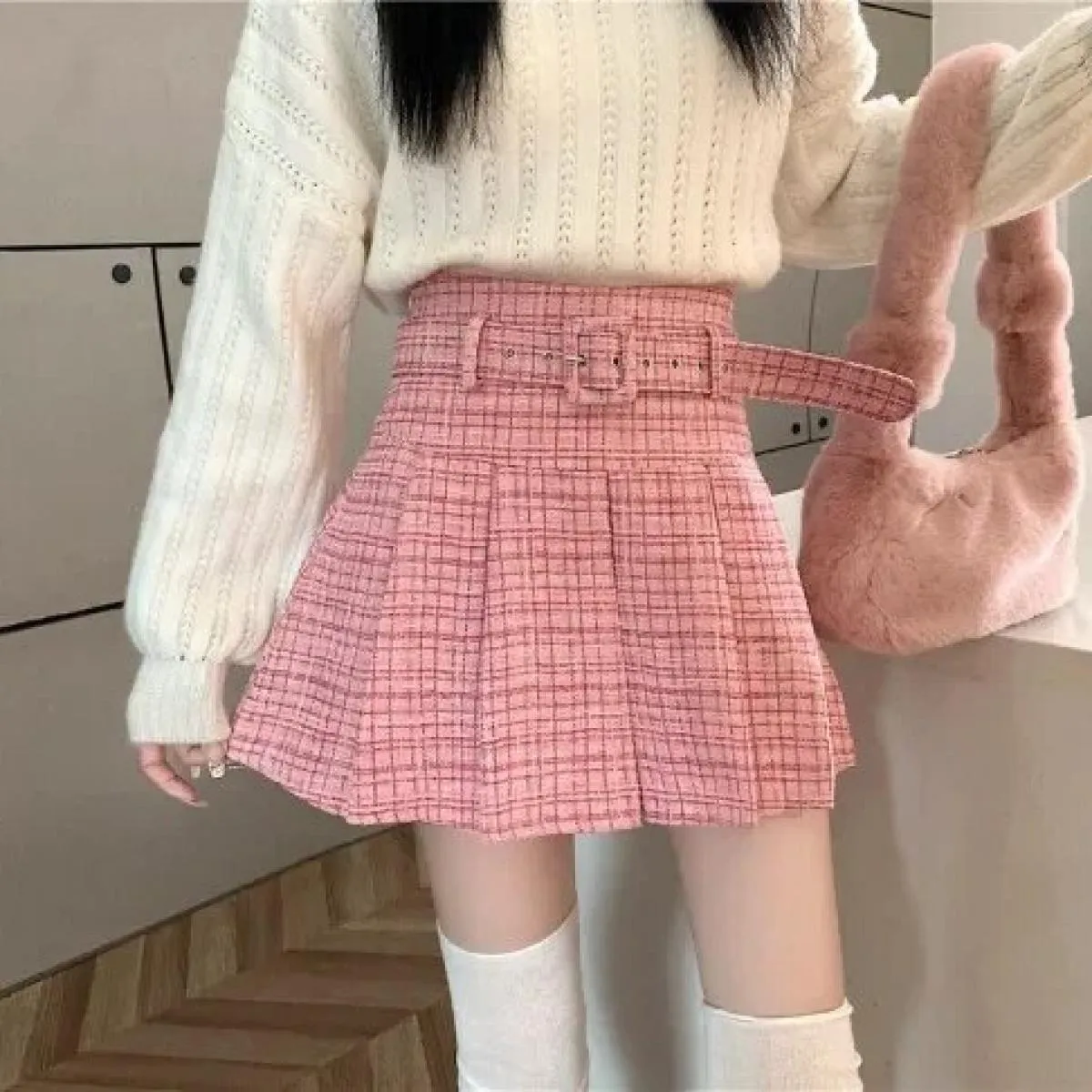 Gonne di tweed rosa per le donne Gonne sottili a vita alta solide Autunno Primavera 2023 Minigonna di lana di tweed doppio petto
