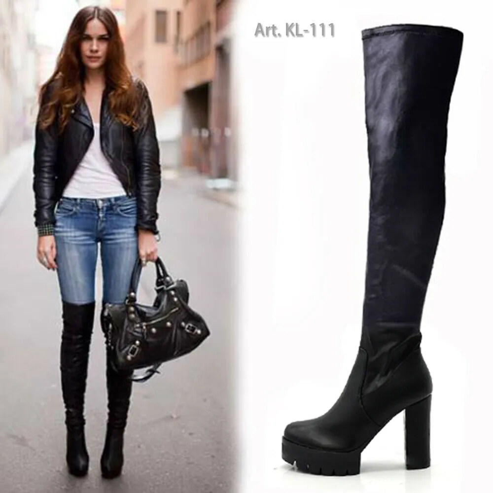 IF Fashion Stivale Alto Ginocchio Dettaglio Pizzo Tacco Largo Plateau KL-111