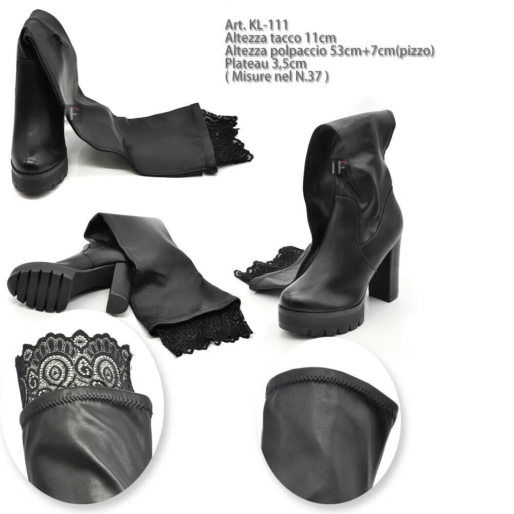 IF Fashion Stivale Alto Ginocchio Dettaglio Pizzo Tacco Largo Plateau KL-111