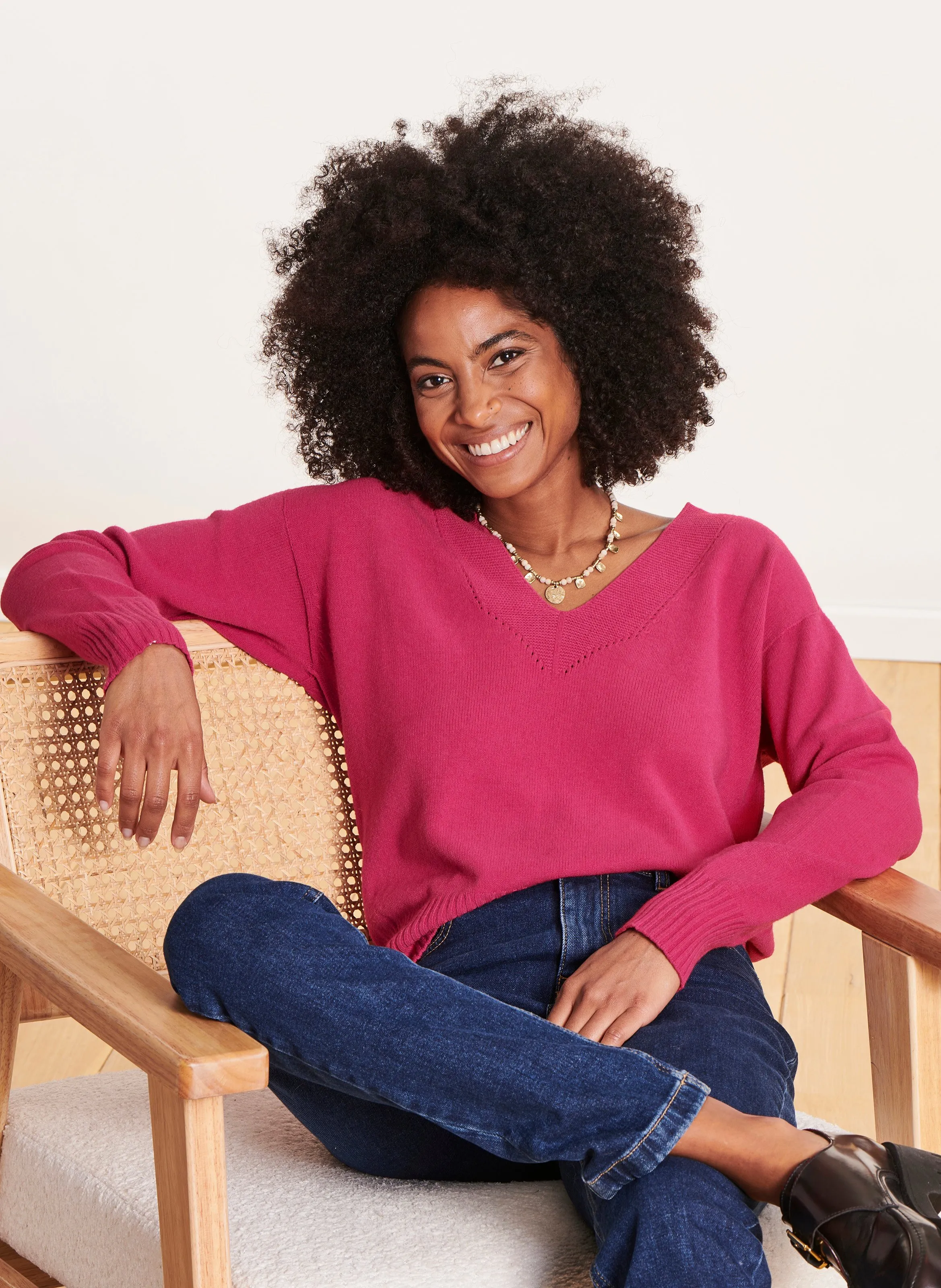  LA FEE MARABOUTEE   Maglione ampio scollo a V in filato misto | Rosa