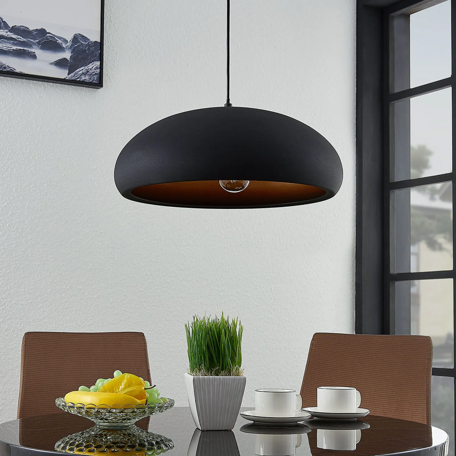 Lindby Gerwina lampada a sospensione, nero/oro, metallo, 40 cm, E27