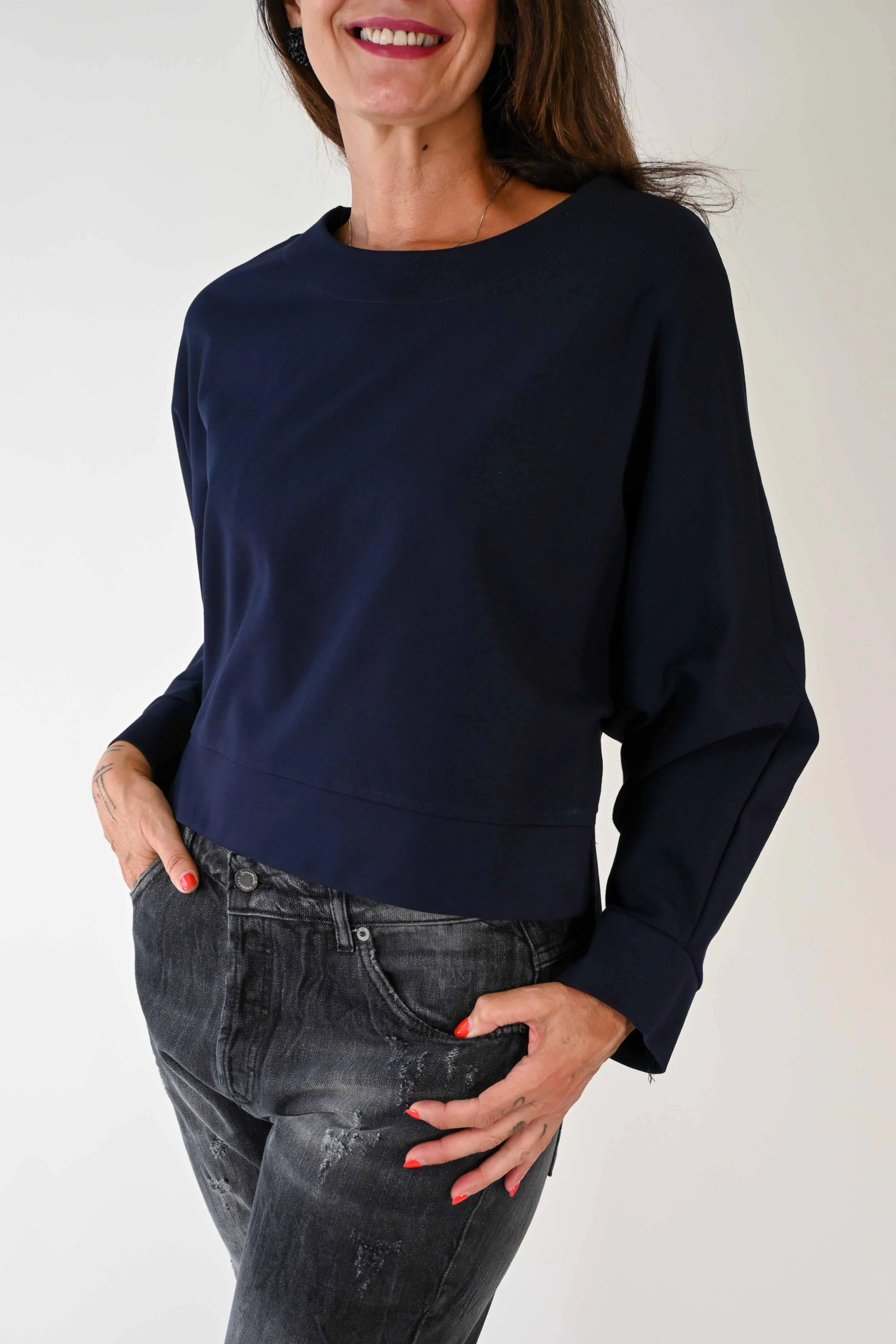 MAGLIA A SCATOLA MANICA PIPISTRELLO PUNTO MILANO BLU