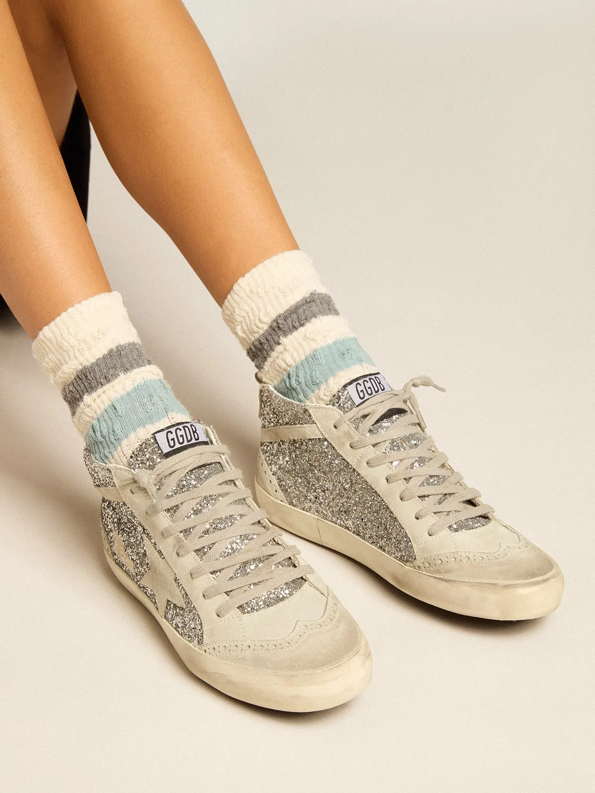 Mid Star in glitter argento con stella e virgola in suede ghiaccio
