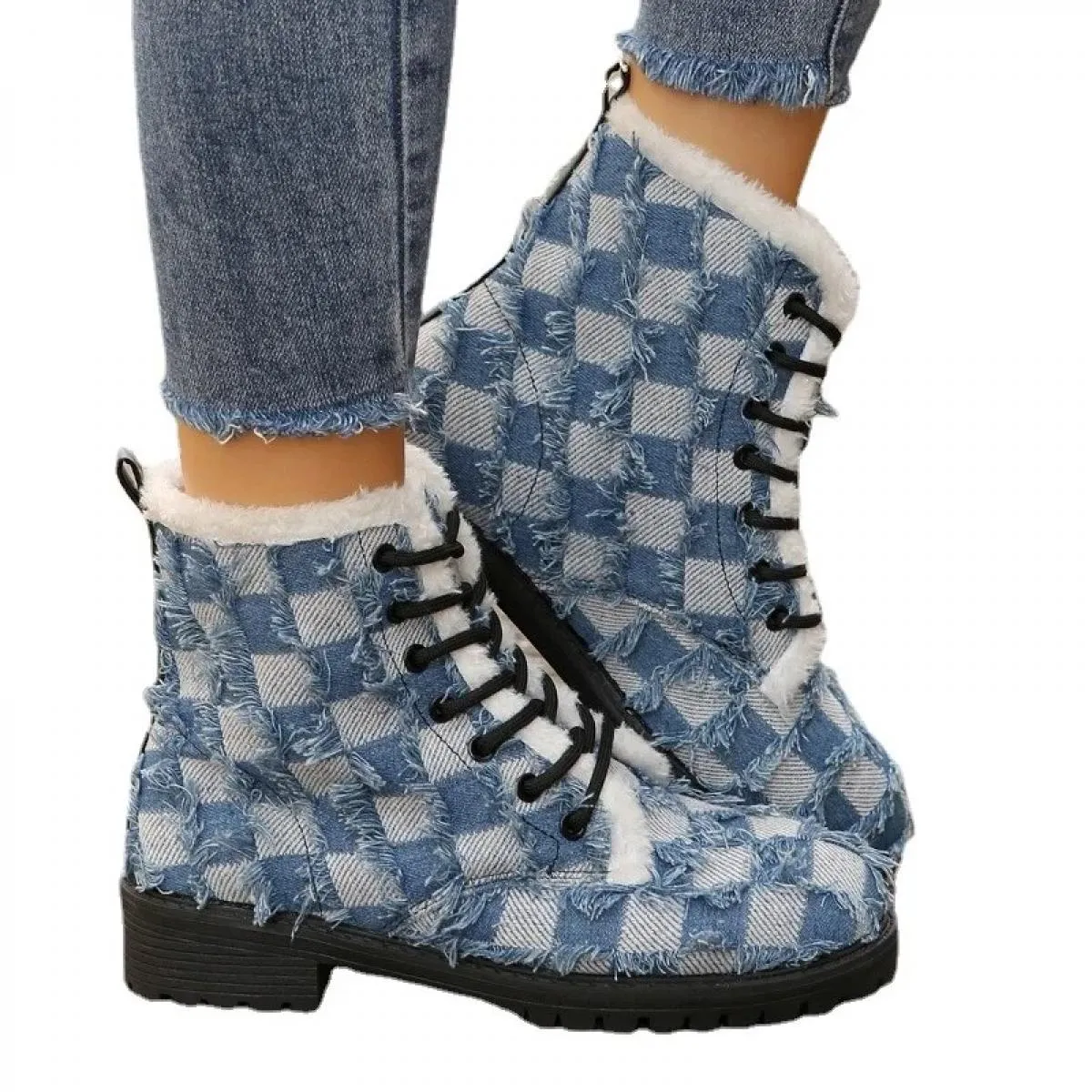 Moda invernale Scarpe allacciate con testa tonda Stivali da cowboy da donna Caviglia corta Peluche Tacchi alti caldi Scarpe casu