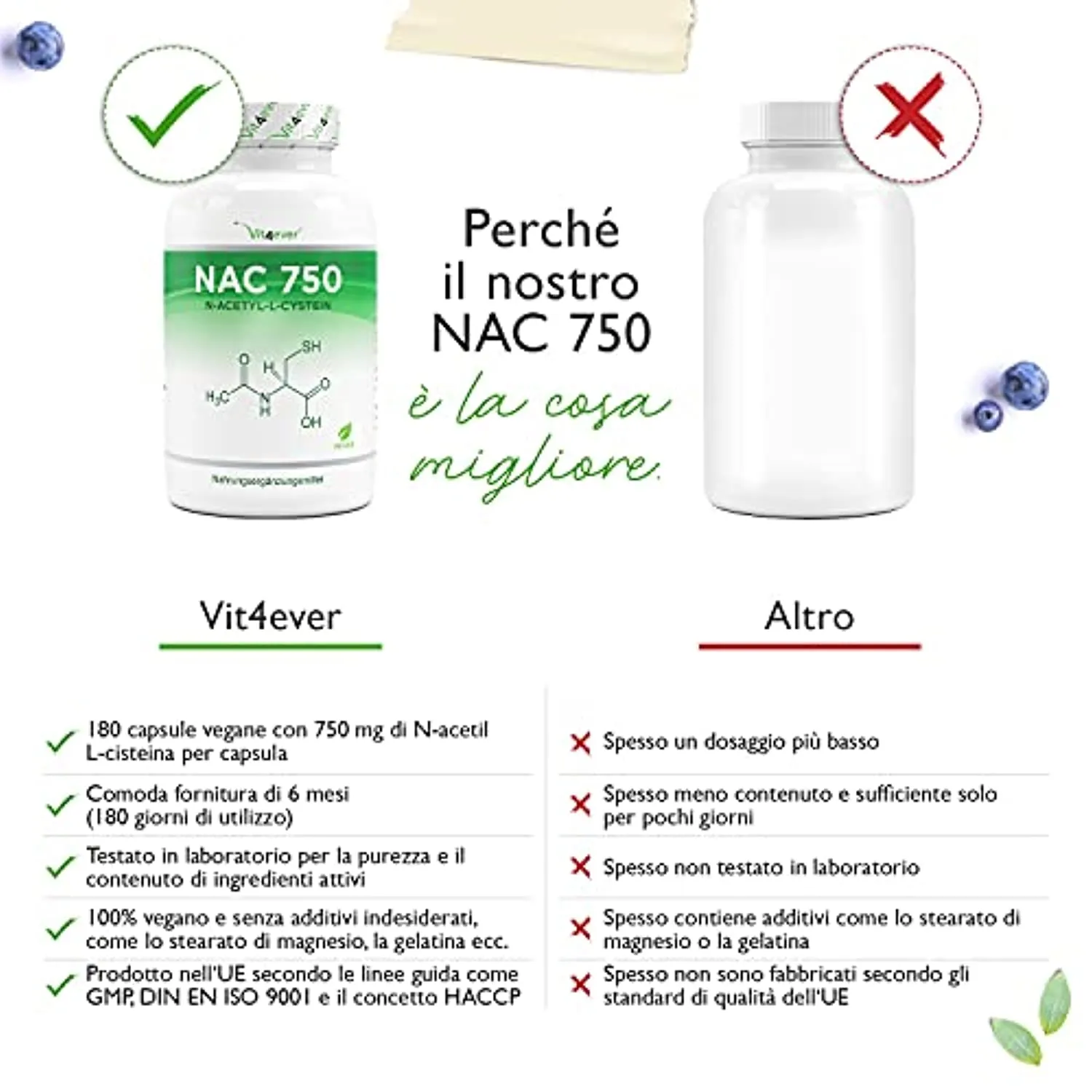 NAC - N-Acetyl L-Cysteine 180 capsule da 750 mg ciascuna - Fornitura per 6 mesi - Vegan - Altamente dosato - Qualità premium