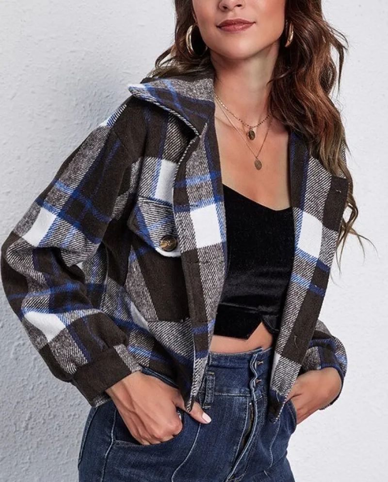 Nuovo Plaid Crop Giacca Delle Donne 2022 di Autunno della Molla Delle Signore Casuali Cappotti Corti di Lana Manica Lunga Maglie