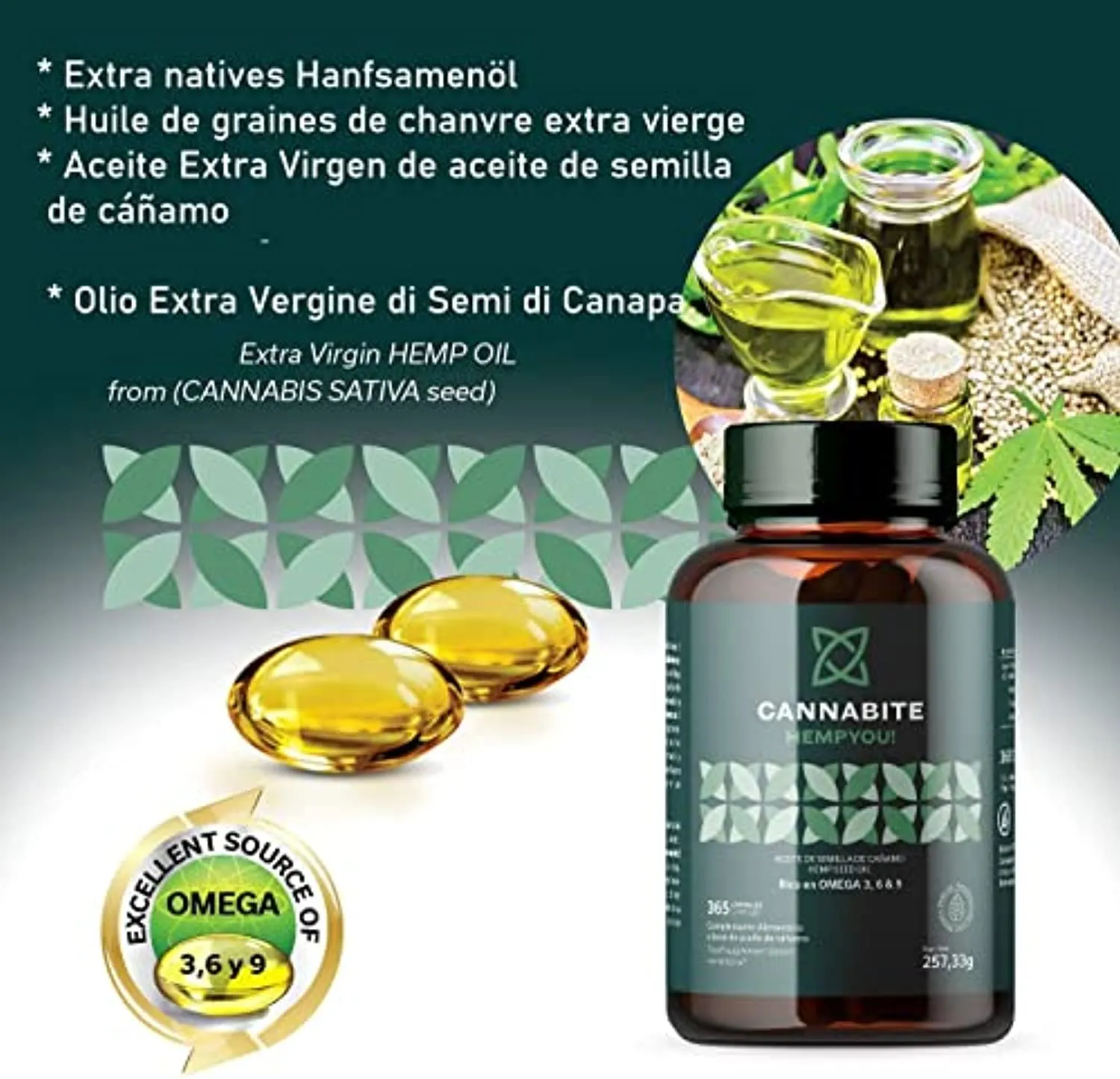 OMEGA 3 6 9 vegetale 365 capsule | Olio vergine di semi di canapa (Cannabis Sativa) 1 Spremuto a freddo | Hemp Seed Oil | Senza 