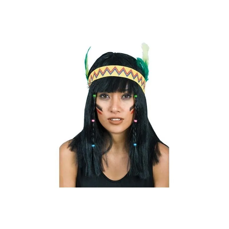Parrucca Indiana donna liscia con frangia capelli neri fascia  e piume