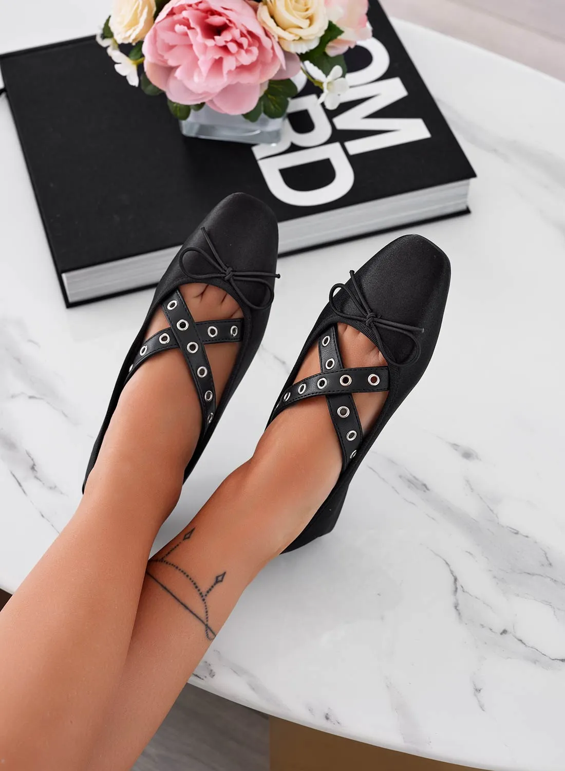 POLLY - Ballerine nere in raso con fasce