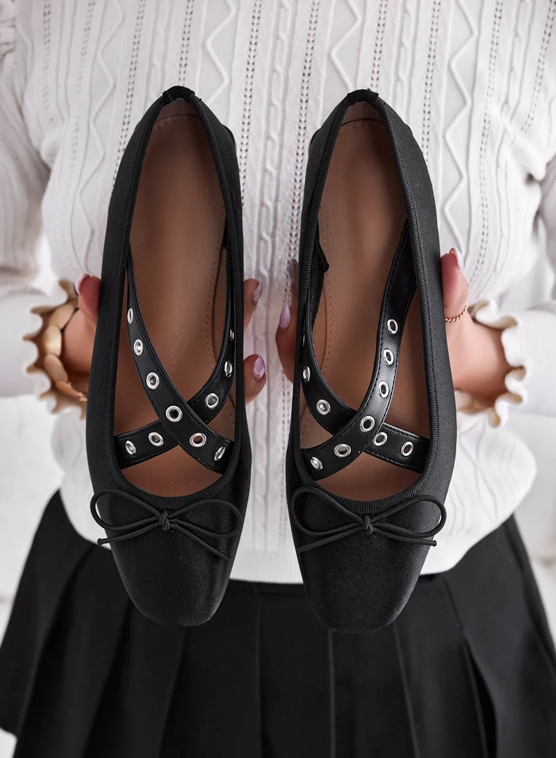 POLLY - Ballerine nere in raso con fasce