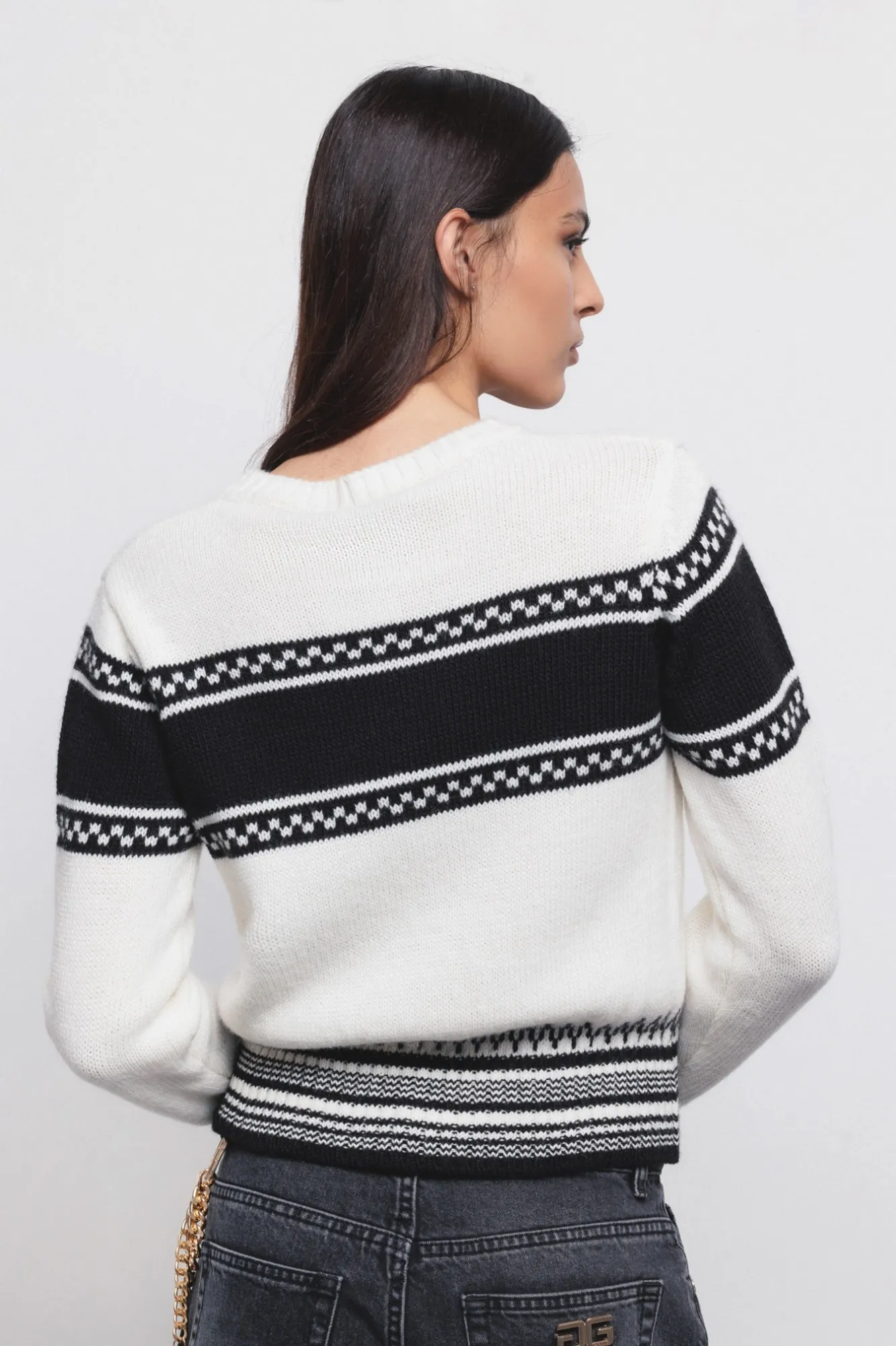 Pullover Girocollo Manica Lunga Offwhite-Nero - Gaëlle Paris