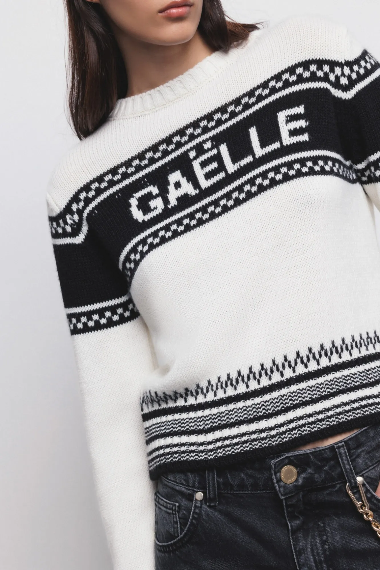 Pullover Girocollo Manica Lunga Offwhite-Nero - Gaëlle Paris