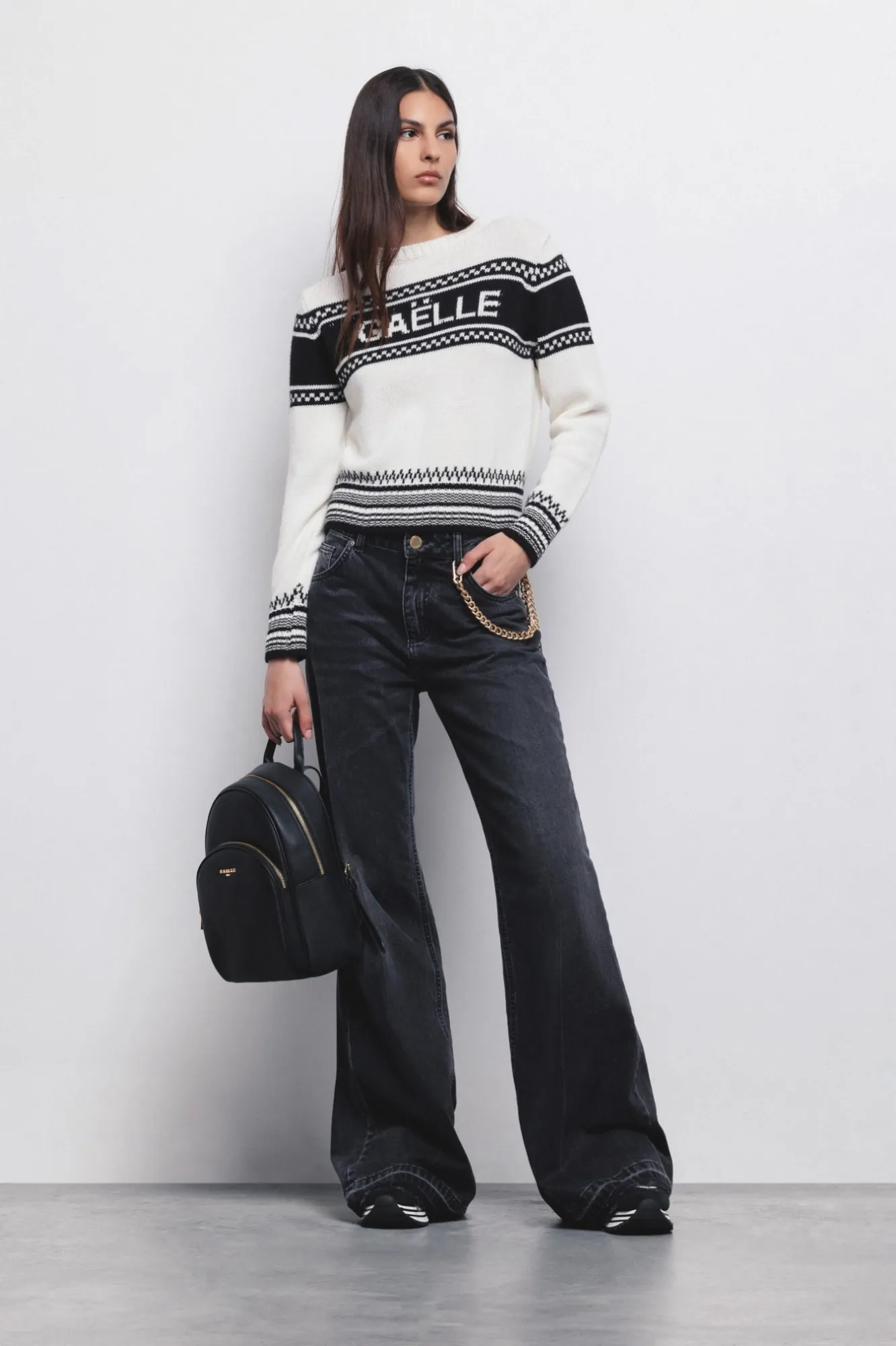 Pullover Girocollo Manica Lunga Offwhite-Nero - Gaëlle Paris