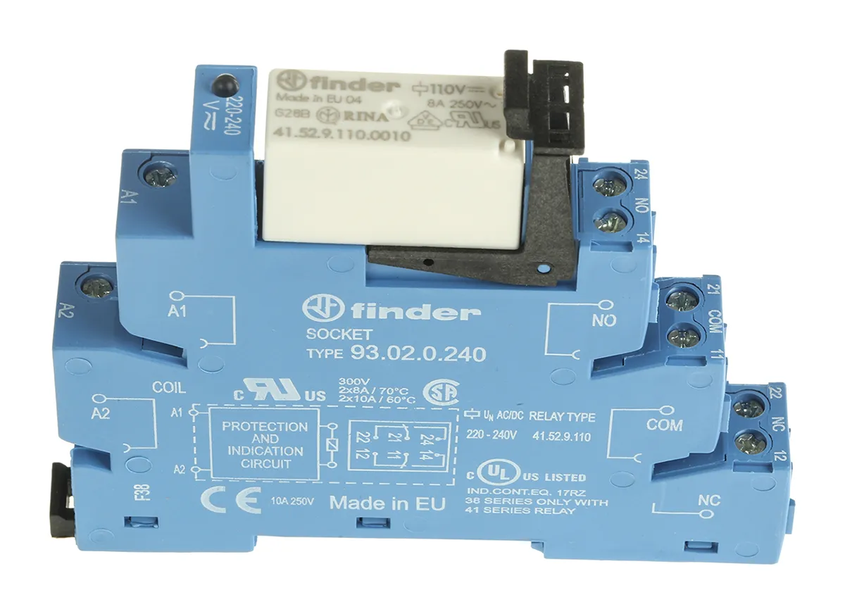 Relè d'interfaccia Finder serie 38 Series, bobina 230V ca/cc, Guida DIN, contatti DPDT