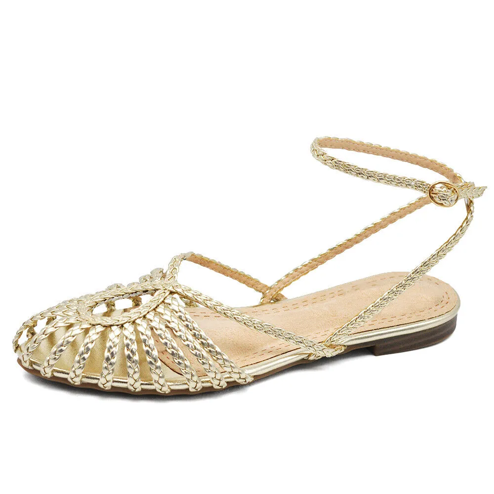 Scarpe Ballerine Estive Sandali Bassi Intrecciati Donna F6651 nero oro argento