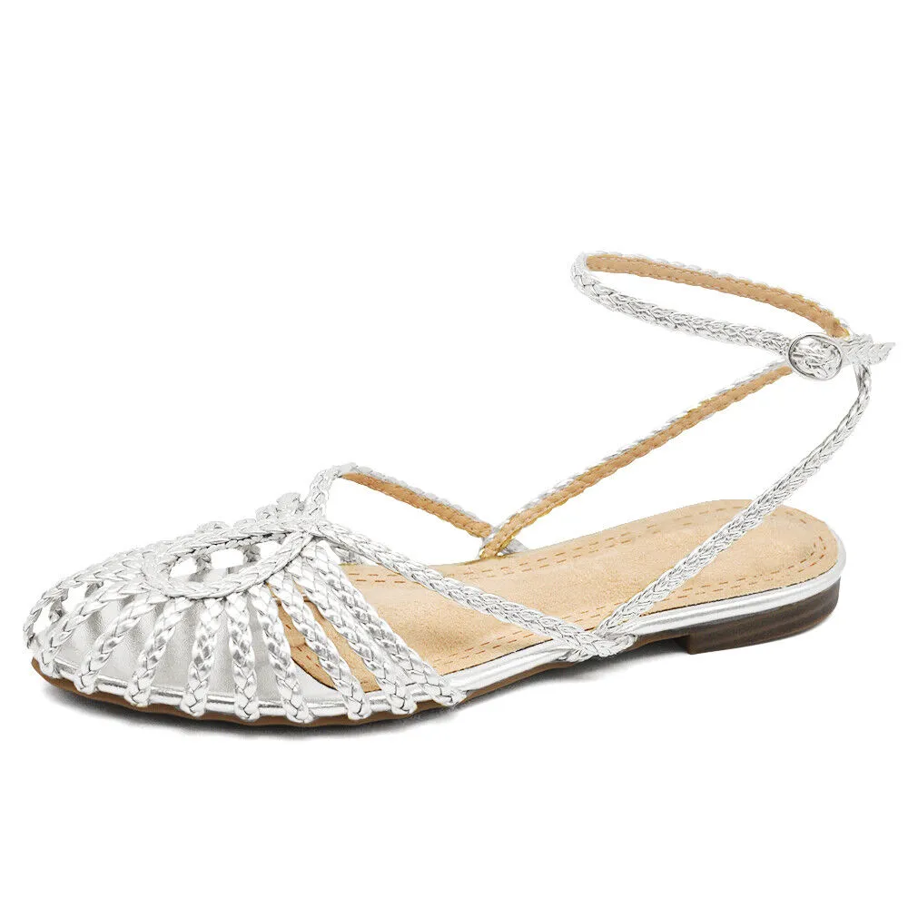 Scarpe Ballerine Estive Sandali Bassi Intrecciati Donna F6651 nero oro argento