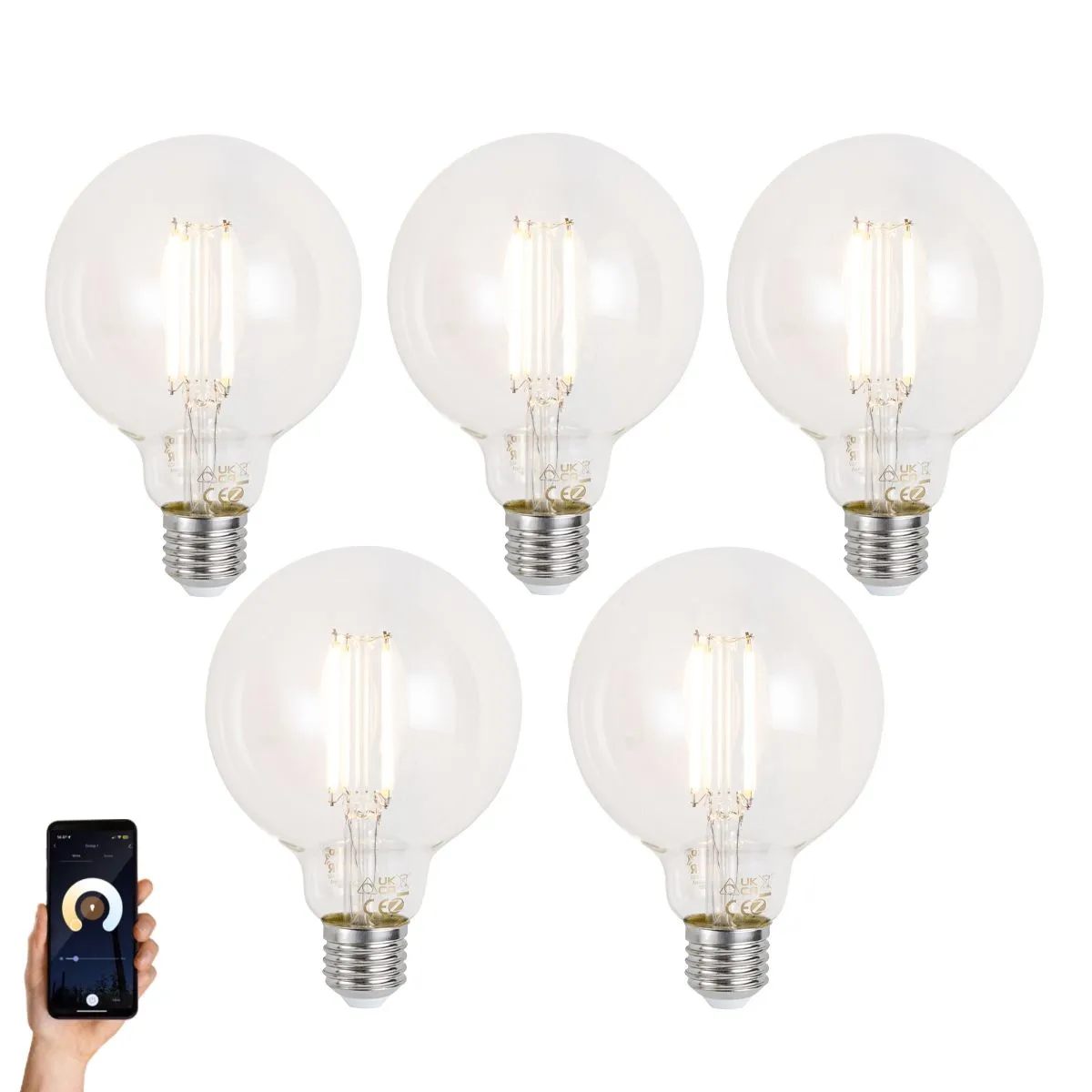 Set di 5 Lampadine LED intelligenti E27 dimmerabili G95 trasparente 7W 806lm 2700-6500K