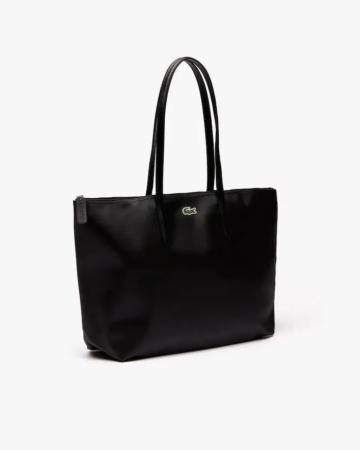 Shopping bag nera misura grande in tela piqué con logo coccodrillo ricamato
