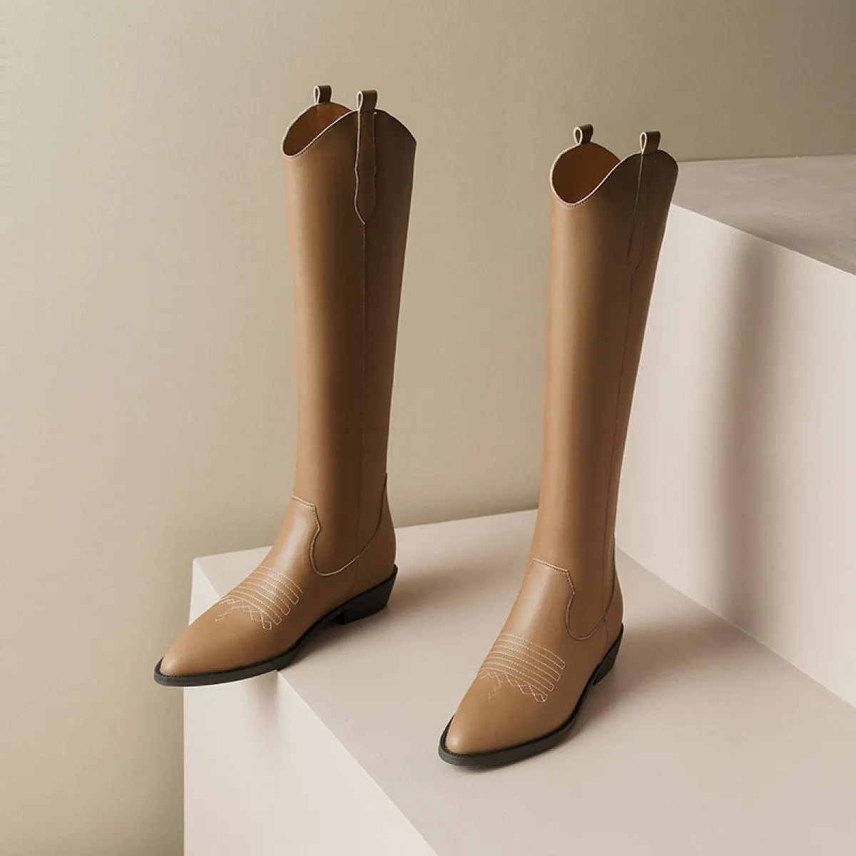 Stivali alti al ginocchio da donna in vera pelle Sweing Moda popolare concisa autunno inverno scarpe a punta con tacco basso spe
