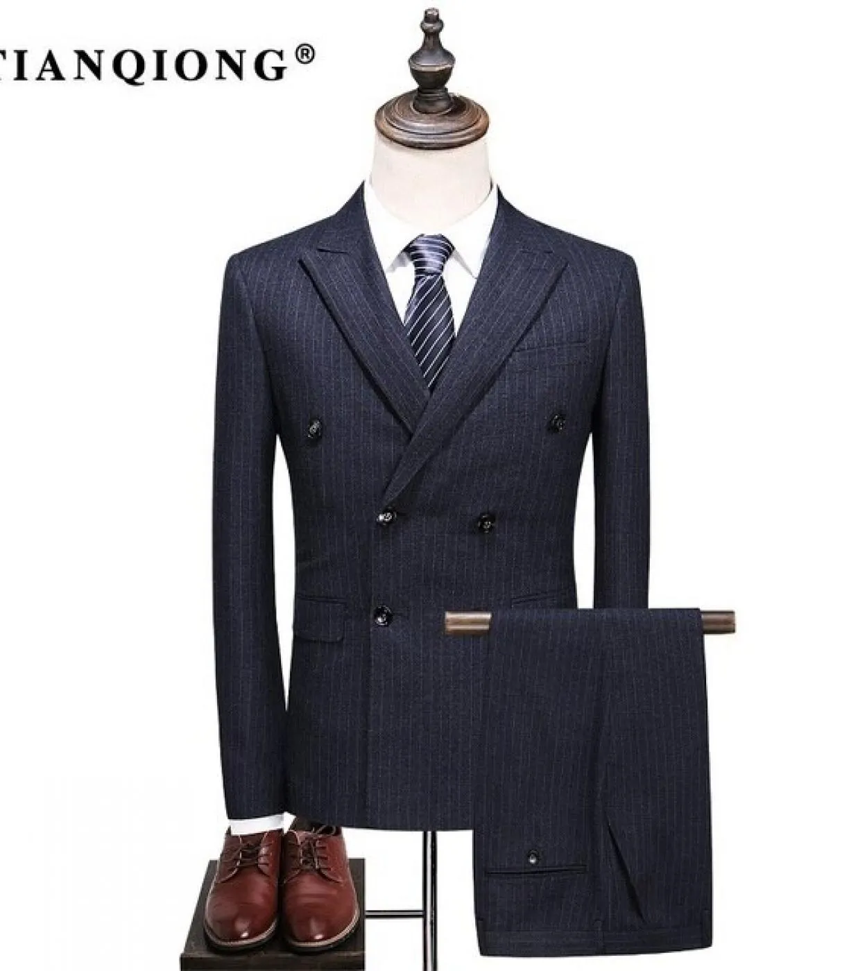 Tian Qiong Abito in lana a righe grigie Doppiopetto da uomo Abiti da lavoro slim fit per matrimonio 2017 Marca Tailor Made S
