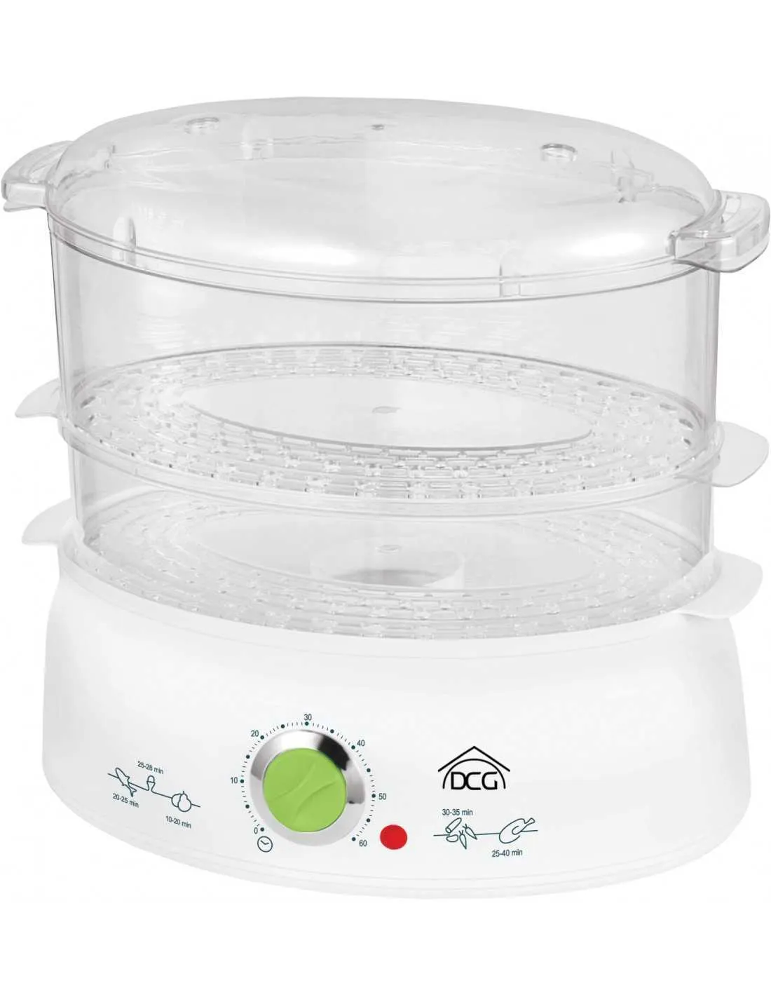 Vaporiera elettrica 3 litri con timer 60 minuti DCG DG2334, 600W, Capacità serbatoio acqua 1,3 litri, 2 recipienti trasparenti