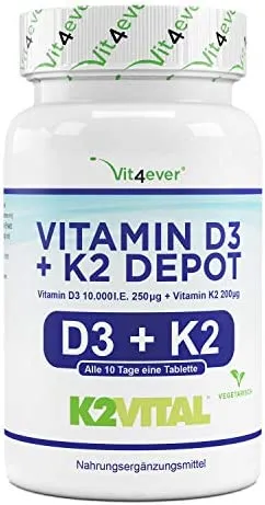 Vit4ever Vitamina D3 10.000 UI + Vitamina K2 200 mcg Menachinone MK7 Depot 180 Compresse 100% All-Trans (K2VITAL di Kappa) Testa