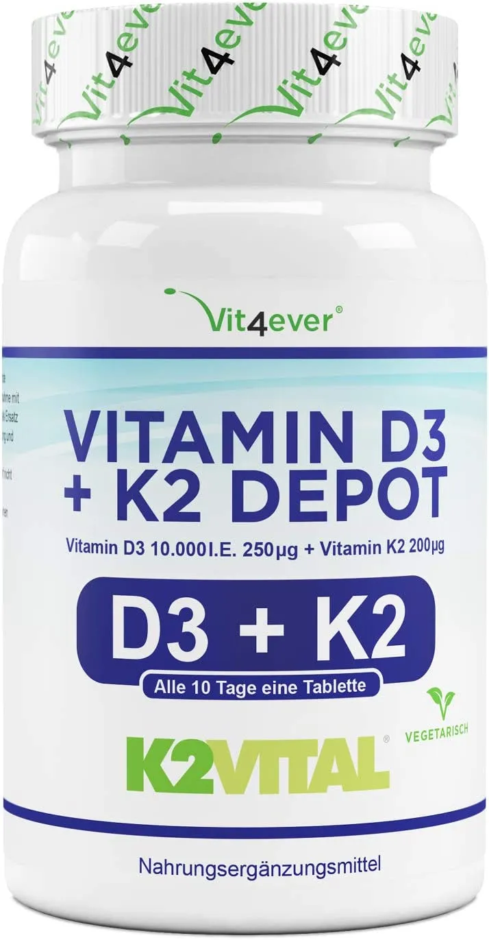 Vit4ever Vitamina D3 10.000 UI + Vitamina K2 200 mcg Menachinone MK7 Depot 180 Compresse 100% All-Trans (K2VITAL di Kappa) Testa
