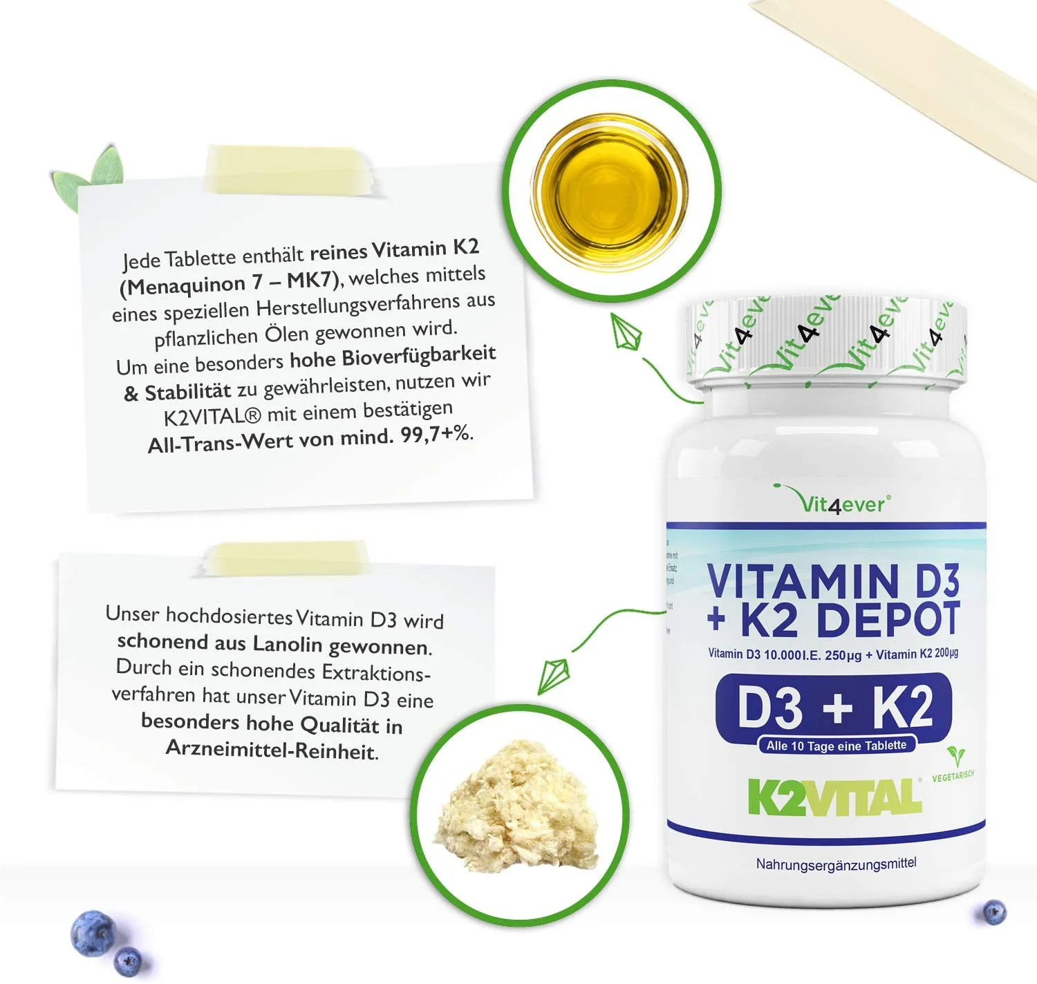 Vit4ever Vitamina D3 10.000 UI + Vitamina K2 200 mcg Menachinone MK7 Depot 180 Compresse 100% All-Trans (K2VITAL di Kappa) Testa