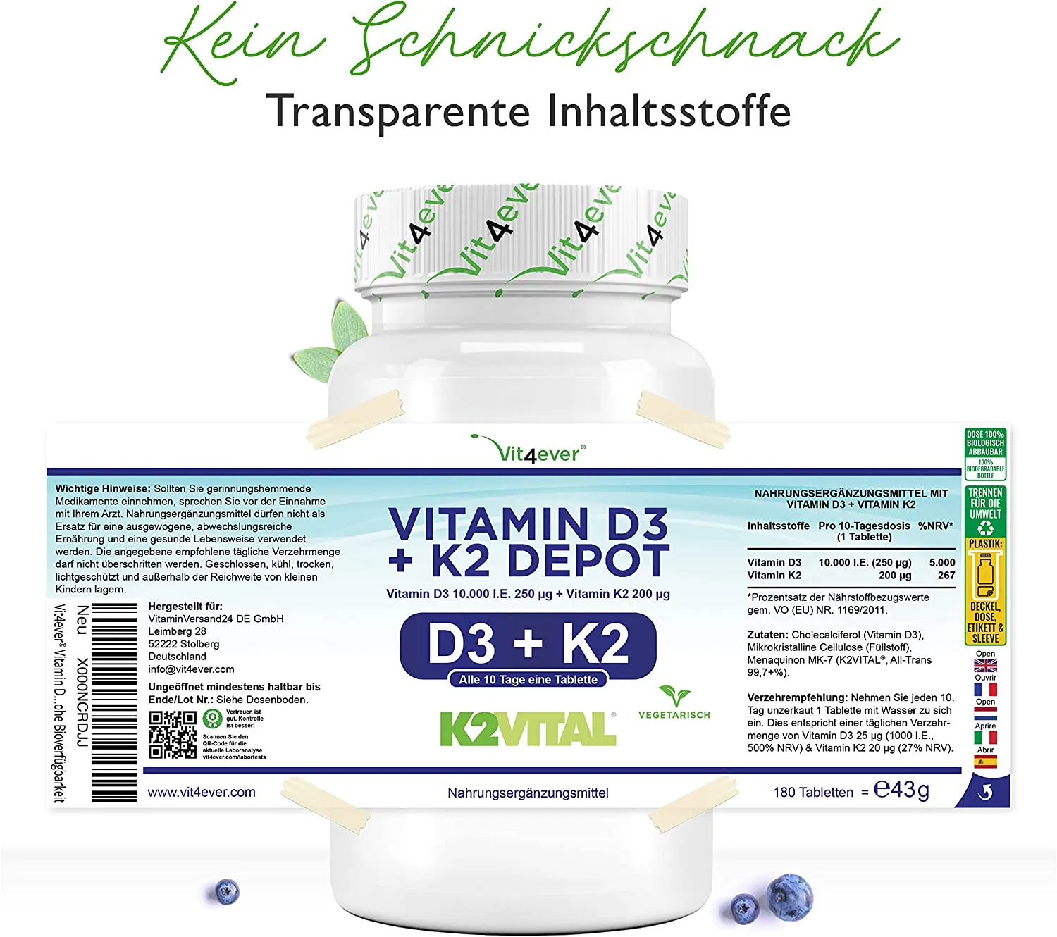 Vit4ever Vitamina D3 10.000 UI + Vitamina K2 200 mcg Menachinone MK7 Depot 180 Compresse 100% All-Trans (K2VITAL di Kappa) Testa